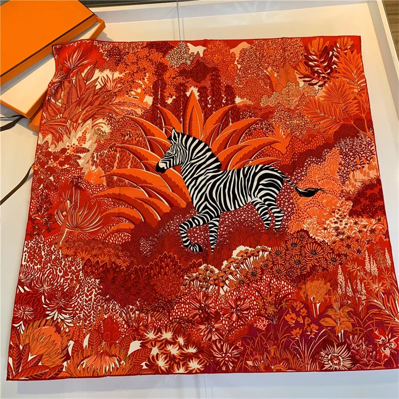 Zebra Foulards Twill Silk Square Scarf Women Shawl Brand Hijab Scarf Design Bandana Manual Hand Rolled Hem Head Scarves 90CM