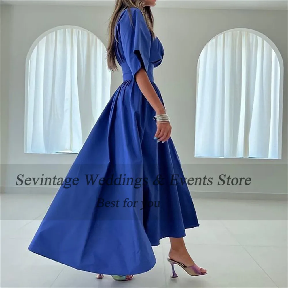 Sevtage-Azul Royal Arábia vestido de noite árabe, simples decote em v, plissado, A-Line, comprimento do tornozelo, vestidos de baile, Abaya 2023