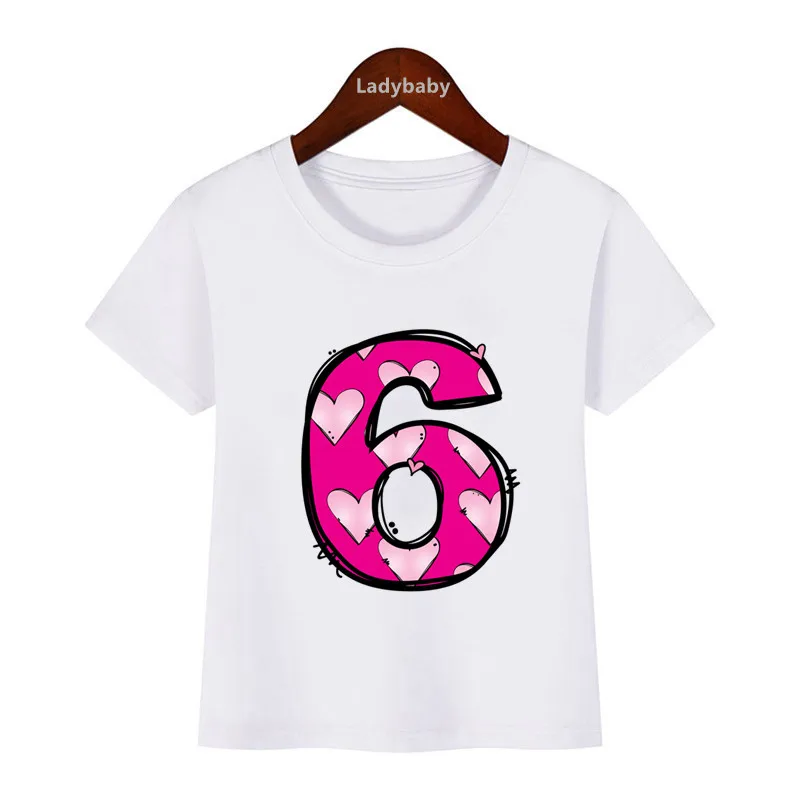 Pink Heart Number Bow Happy Birthday Kids T shirt 1 2 3 4 5 6 7 8 9 Years Girls Clothes Summer Short Sleeve Baby Boys T-Shirts