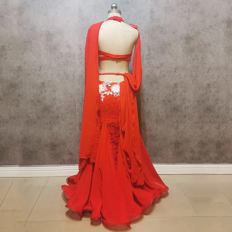 성인과 어린이를위한 맞춤형 블랙 레드 플러스 사이즈 밸리 댄스 의상 스커트 성능 의상 탑과 대형 스커트