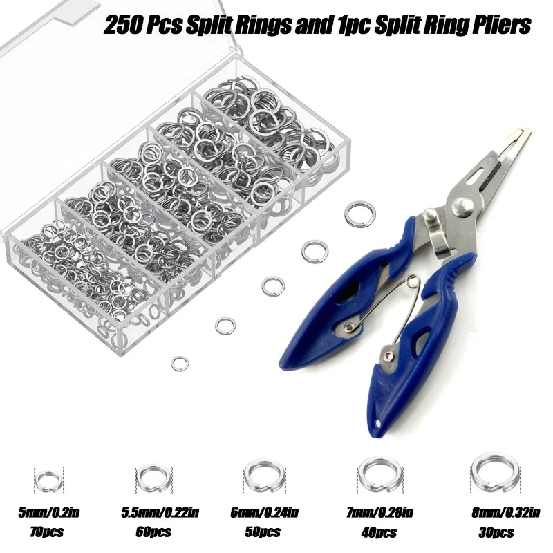 Kit de 251 anneaux brisés de 5 tailles et pince à anneaux / Pince de pêche résistante aux fortes tensions / Kit d'outils de pêche