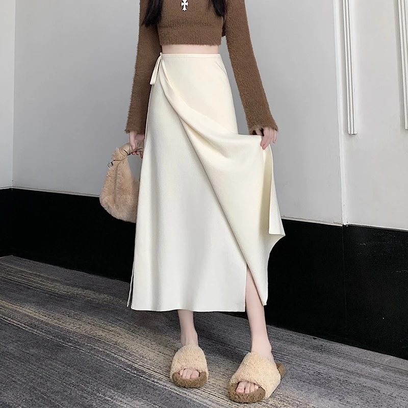 

Seoulish Autumn Winter One-piece Knitted Women's A-line Skirts Sashes High Waist Ruffles Casual Loose Umbrella Skirts Female