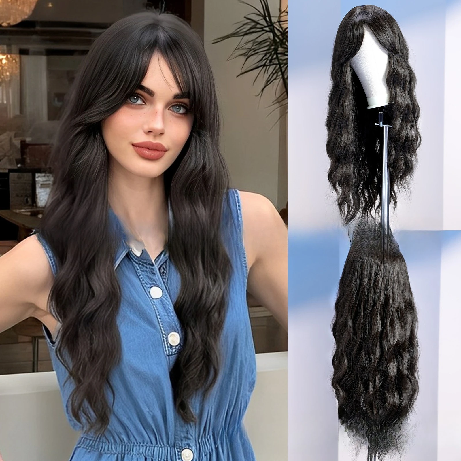 

Hot black and brown long curly hair wig, eight-character bangs high temperature silk full head hair