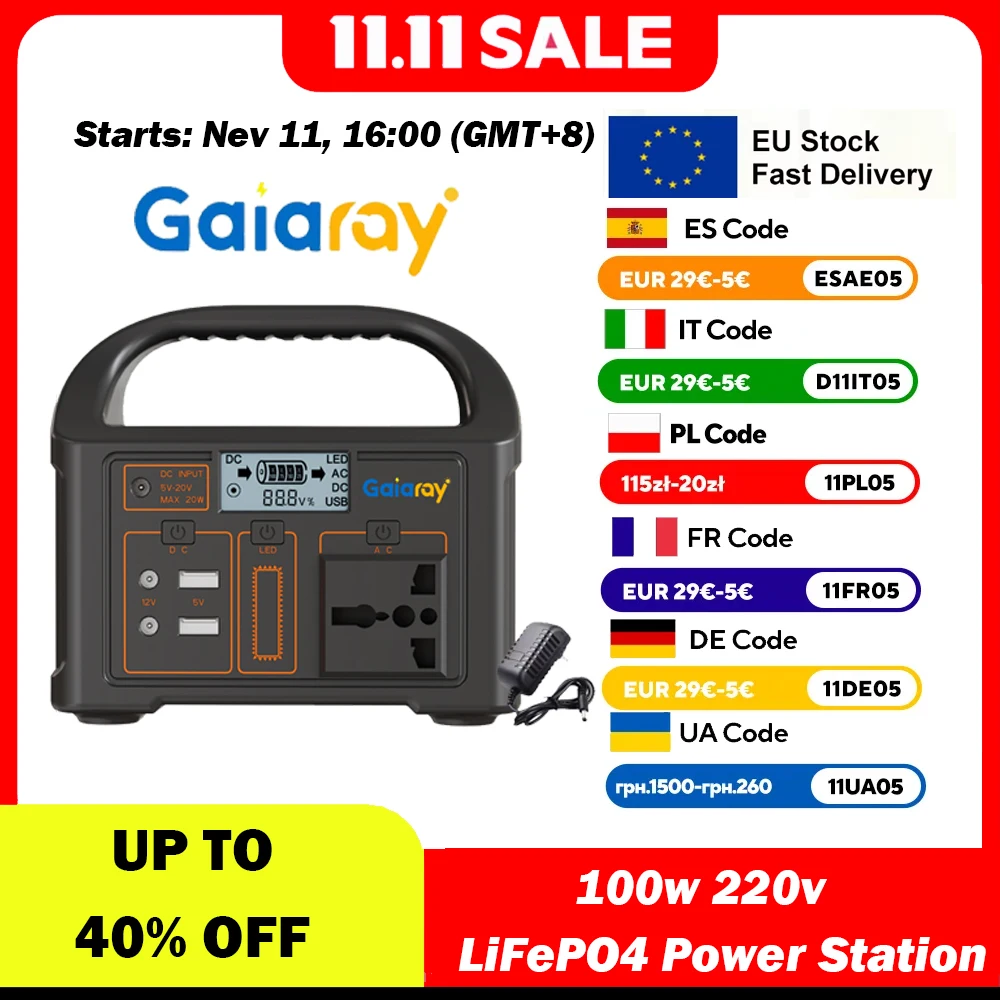 

Портативная электростанция Gaiaray 100 Вт, 110 В, 220 В, уличный солнечный генератор, 76,8 Втч, LiFePO4, зарядная станция, светодиодная для кемпинга