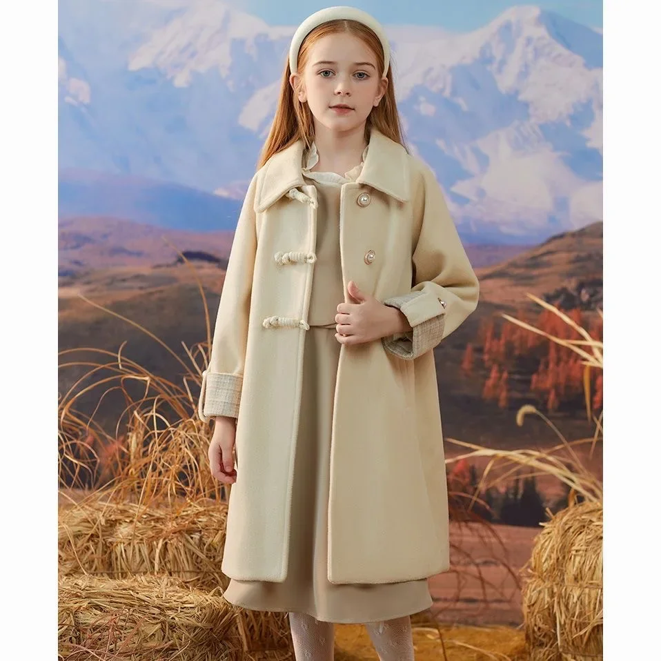 Girls Woolen Coat Overcoat Jacket Windbreak Beautiful Warm Plus Thicken Winter Cotton Tracksuit Sport Children's Clothing E3759