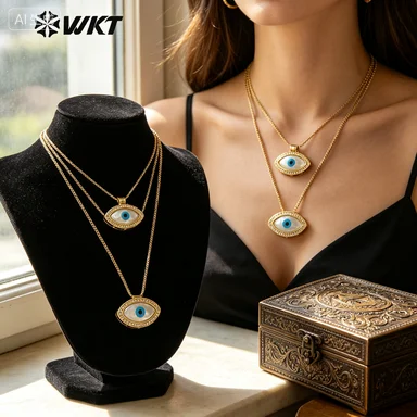 

WT-MN971 Lady Fashion Gold Micropave Shell Eye Pendant Necklace Unique Chain Thread Adjustable Box Jewelry Trend