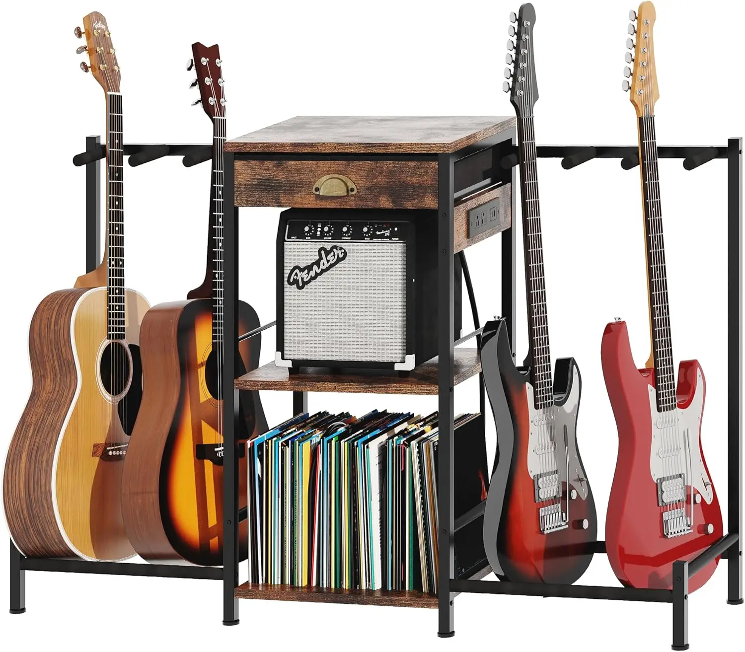 

6 Guitar Floor Stand with Charging Station, 3-Tier Storage Rack, Amp Stand & Drawer, Heavy Duty Metal Frame for Home Studio