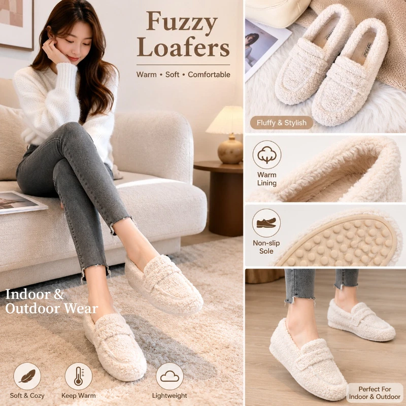

Women Fuzzy Fleece Lined Loafers Plus Size Round Toe Slip On Moccasins Soft Warm Winter Flats Ladies Indoor Outdoor Daily Wear C