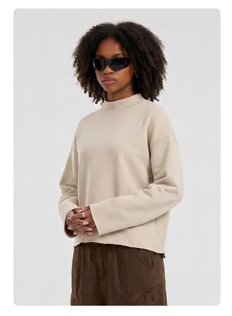 Personalized LOGO custom 350G cotton men's BOXY short and wide half-high neck long-sleeved hem burr sweater