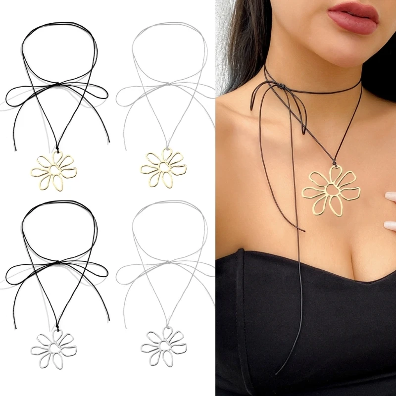 Metal Hollow Flower Collar Necklace Temperament Long Lace up Necklace Summer Choker Jewelry Clavicle Chain Necklace Y08E