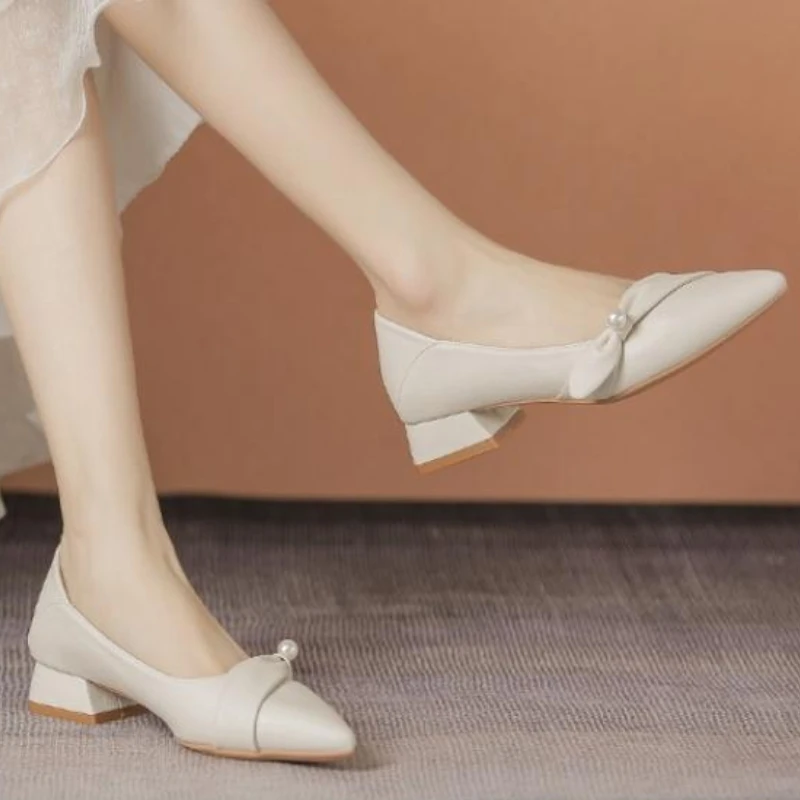 Pointed Toe Mary Janes Square Heel Bridal Shoes Korean Trend Pearly Decration Elegant Slip on Singles Footwear Zaptos Mujer