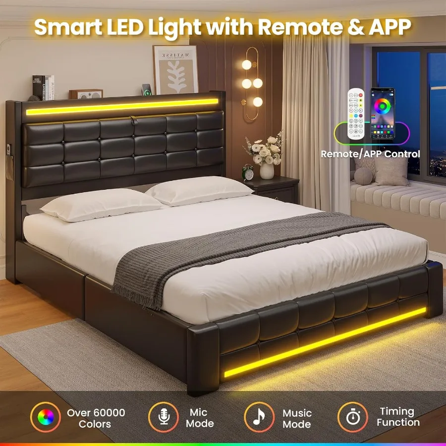 إطار سرير كوين مع لوح رأسي للتخزين و4 أدراج إطار سرير LED كوين مع محطة شحن سرير منجد من الجلد #6