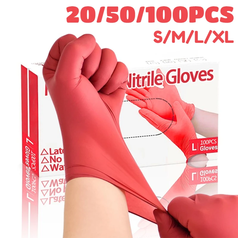 20/50/100PCS Red nitrile gloves disposable household cleaning gloves for cleaning dishes nail art hair dye pet bathing S/M/L/XL