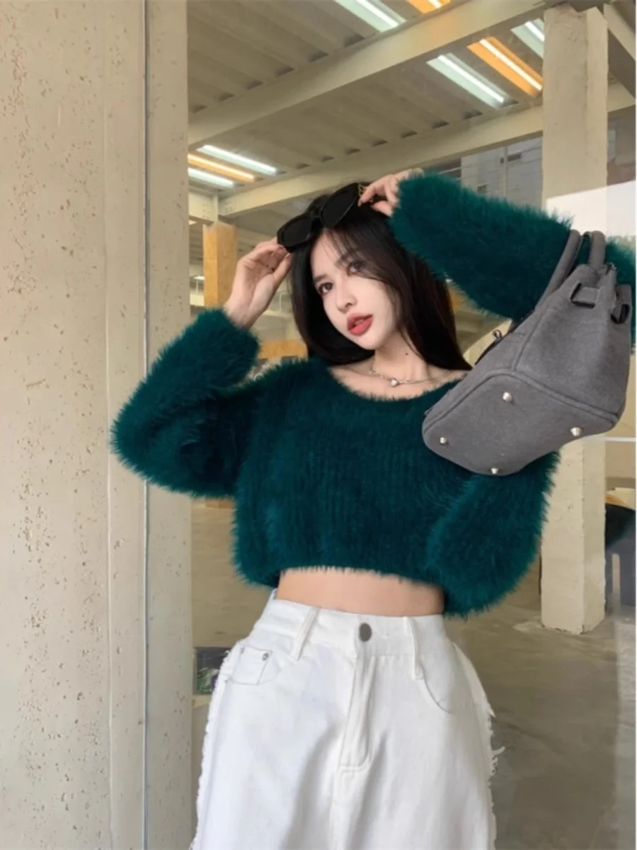 

High Waist ort Svel Women's Knitted Sweater Autumn Winter Mink Velvet Soft Long Sve V-Ne Pure Desire Spicy Girl Top