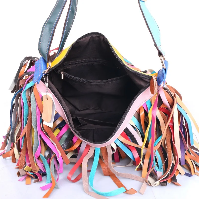 Bolso de mano con borlas de colores para mujer, bolso de mano de retales de piel de oveja de alta calidad, gran capacidad, informal, a la moda, elegante, 2024