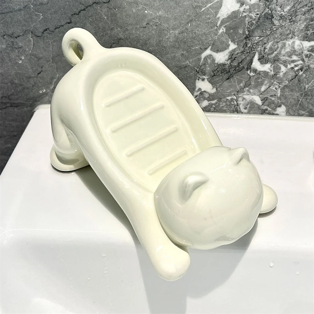 Cute Cat Drain Soap Holder Container Smooth Ceramic Toilet Soap Dish Case Tray Bathroom Accessories Washroom Tools Home Decor