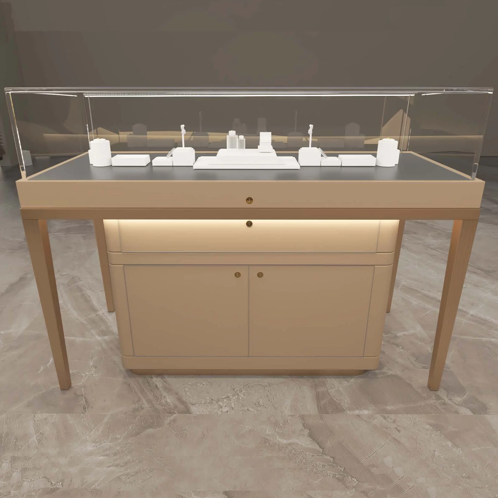 Custom.New Design Jewelry Store Display Cabinet Wood Led Light Strip Glass Jewelry Display Case Showcase