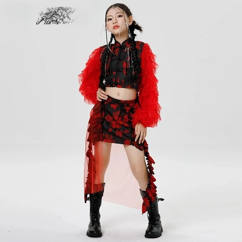 Girls K-Pop Jazz Street Dance Stage Outfit Red Skirt Suit Performance Wear Children Dance Clothes Kids  Hip Hop Dance Costume