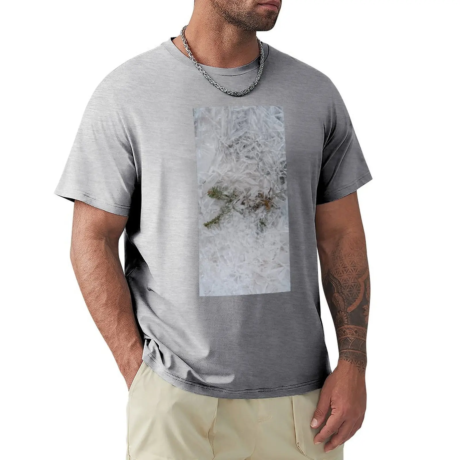 Winter Ice Patterns On Surface of a Puddle with Embedded Fir Needles T-shirt Aesthetic clothing summer tops men clothes