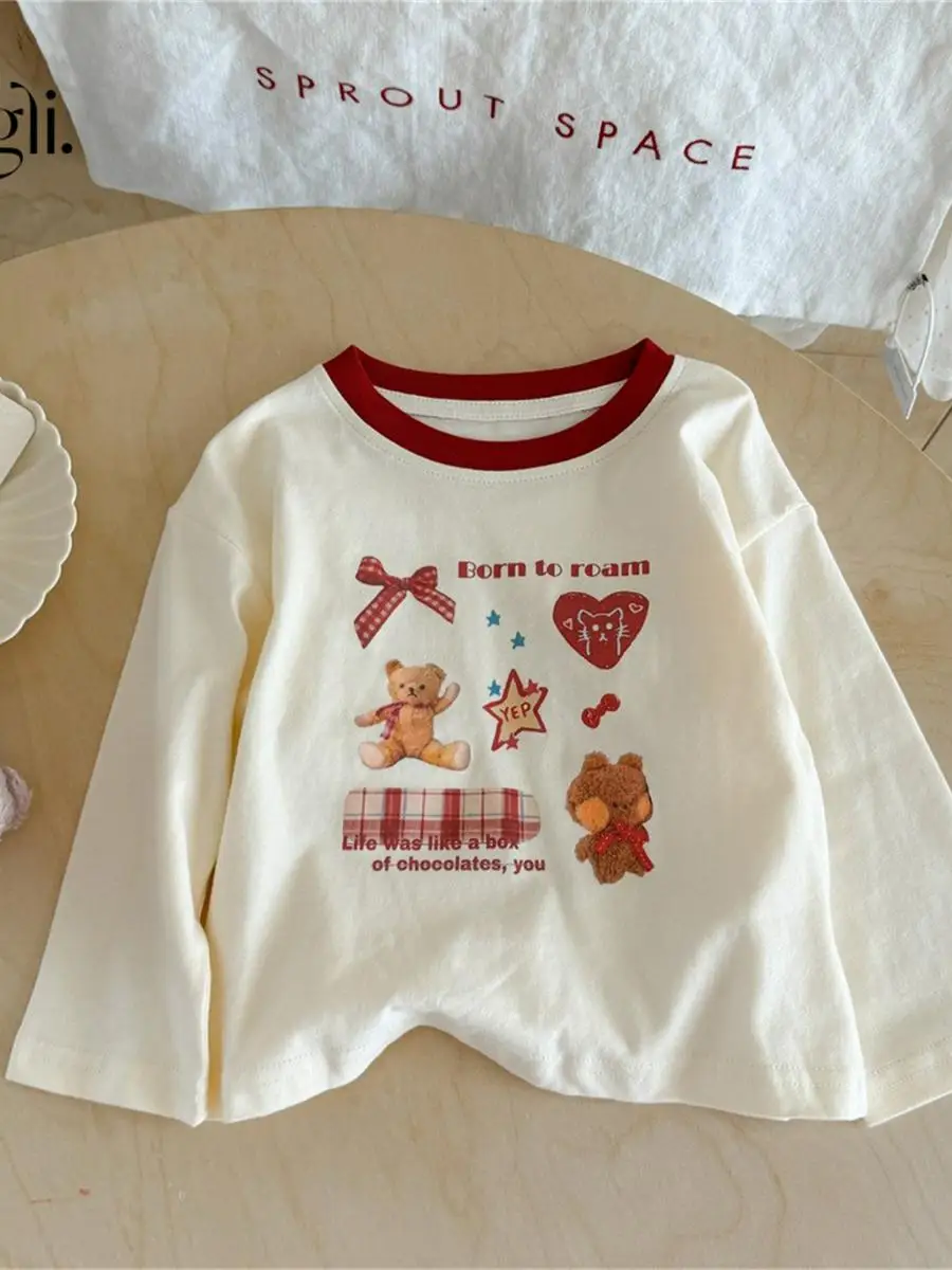 

Girls Long Sve T-irt Spring Autumn Cartoon Print Cute Top Faionable Versatile Stand Fit 00% Other Material