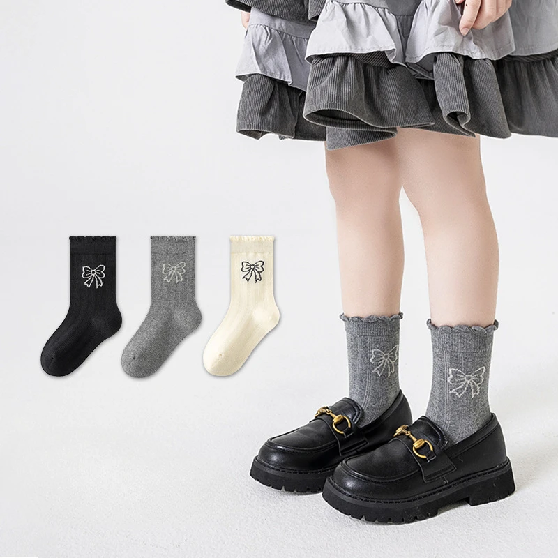 

3pair/set Korean Simplicity Bow Sock for Kids Girl Sweet Black White Color Embroidery Bow Children Sock Soft Cotton School Sock