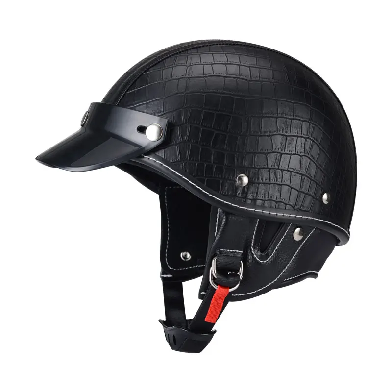 

2025 Half Face Helmet Motorcycle For Man Black Grid PU Leather Pilot's Helmets With Halley Glass Size XS S DOT