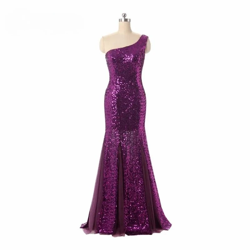 

Customized Evening Dress Purple Sequins One shoulder Sleeveless Mermaid Floor Length Plus Size Women Party Formal Gown IIY034
