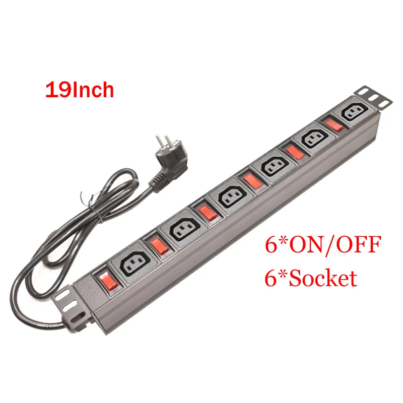 19inch PDU Power Strip Independent Switch 6Ways C13 Socket Distribution Unit 2meter Extension Cable Cabinet Rack Mount