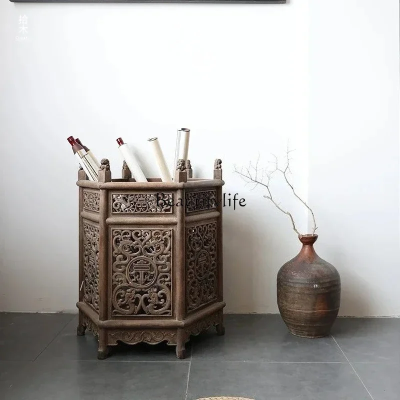 LXPainting and Calligraphy Barrel Solid Wood Chinese Furniture Objects Imitation Antique Classical Storage Barrel OrnamentSSS