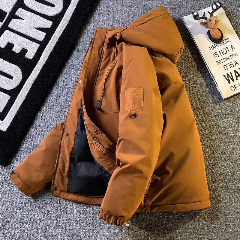 

Men's down Cotton Jacket Loose Fit Winter Thick Warm Hooded Workwear Bread Style Coat Polyester Long Sleeve Zipper Clo...
