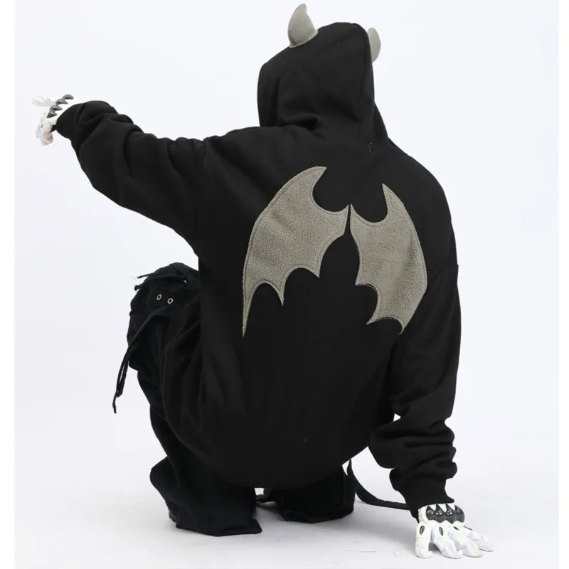 Devil Horn Hooded Top Men Couple Matching Loose Oversized Sweatshirt Anime Casual Zip Up Hoodies Y2k Halloween Party Streetwear