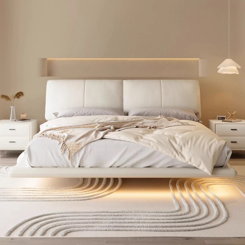 White Suspended Bed Italian Minimalism Elephant Ear Design Bedroom Furniture Intelligent Sensor Light Strip Leather Backrest