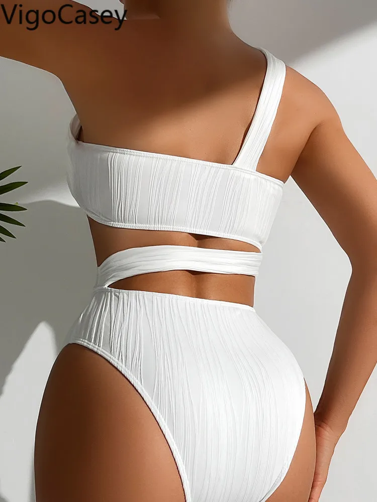 VigoCasey 2024 White One Shoulde Swimwear Women Sexy One Piece Swimsuit Hollow Push UP Monokini Backless Beach Bathing Suit