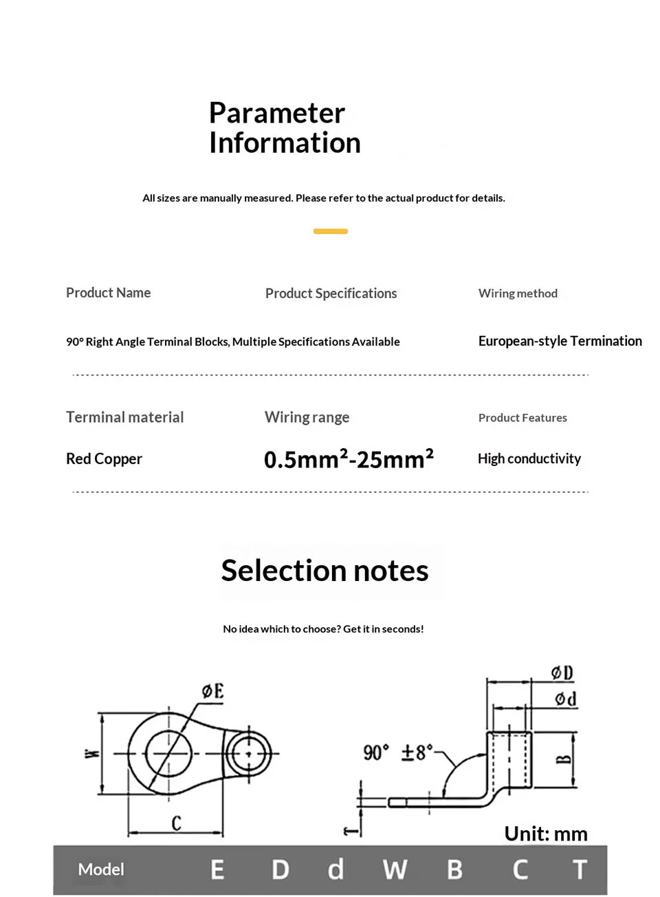 Rechtwinkliger 90-Grad-Klemmenblock, Kupfer, verzinnt, L-förmiger Crimp-Stecker, Kabelverbindung, Winkelverbinder für Elektrokabel – Detail 6