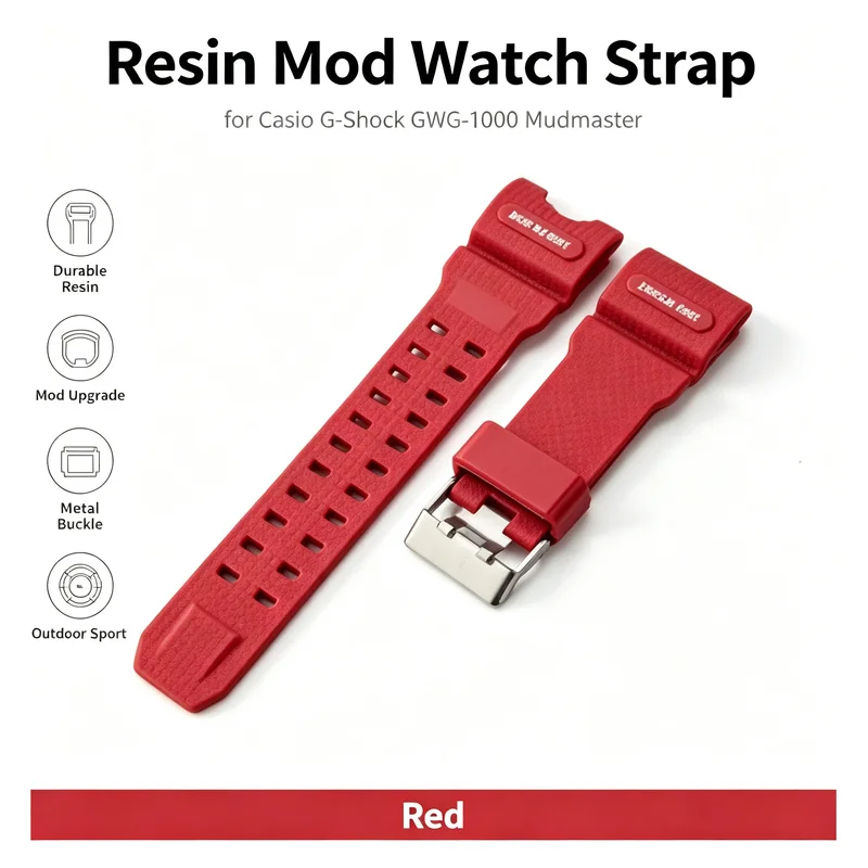 Premium Durable Resin Mod Replacement Watch Strap for Casio G-Shock GWG-1000 Mudmaster Men Red Outdoor Sport Band with Buckle