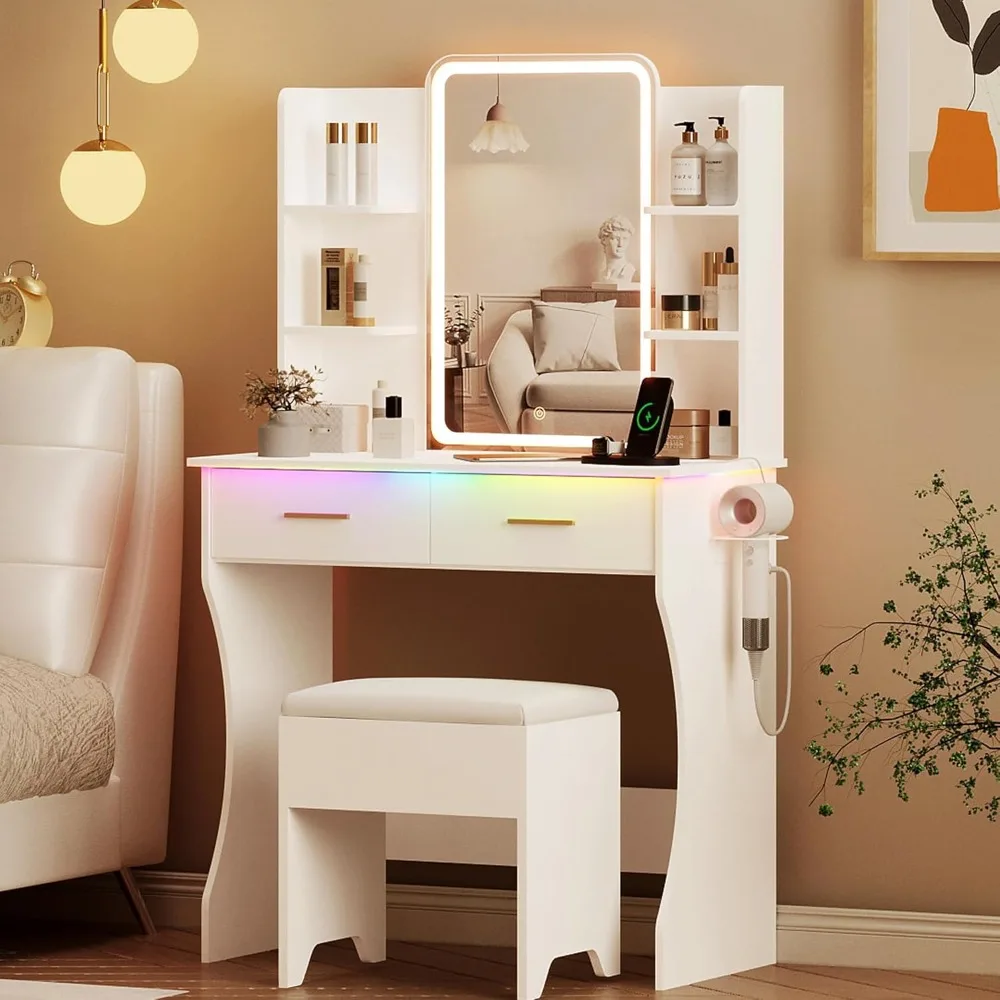 طاولة مكياج مدمجة مضيئة بإضاءة LED مع مساحة تخزين ومخرج طاقة وأوضاع إضاءة قابلة للتعديل
