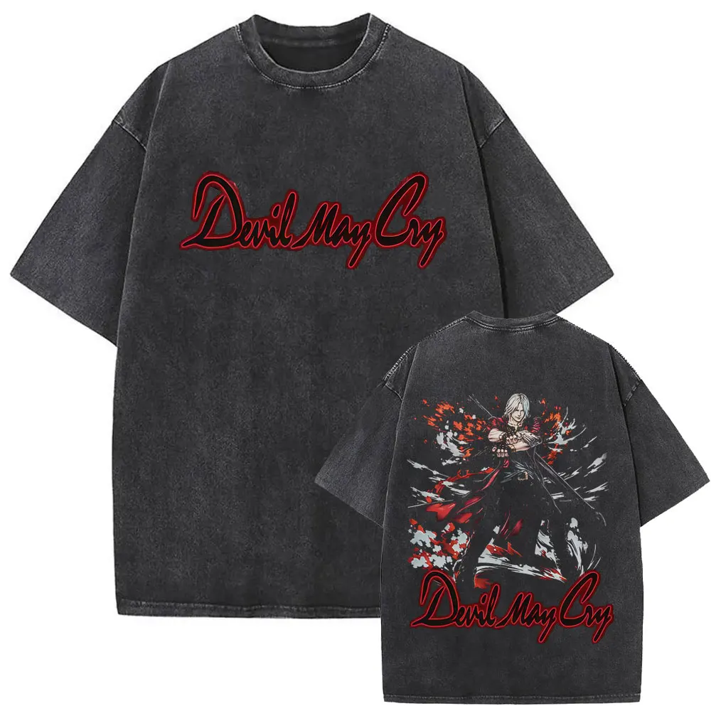 Hot Sale Game Devil May Cry Dante Vintage Washed T Shirt Fans Gift Men Women Clothing Gothic Casual Oversized T-shirt Streetwear