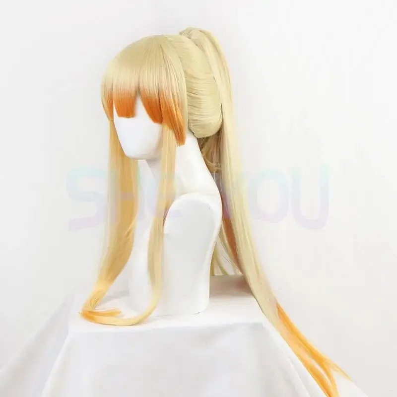 Agatsuma Zenitsu korte blonde ombre en lange paardenstaart hittebestendige cosplay pruik + pruikdop