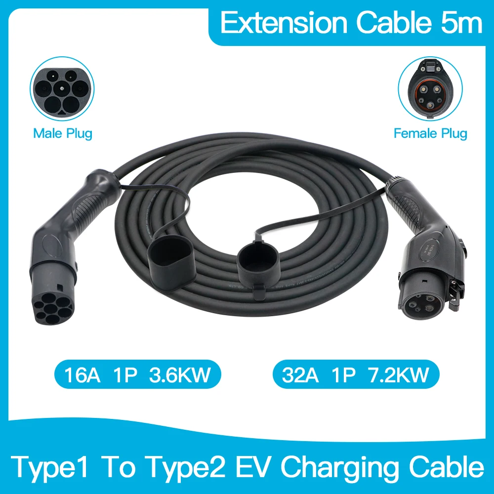 

EV Charging Cable 32A 7.2KW Single Phase Electric Vehicle Cord for Car Charger Type 1 EVSE Female to Type 2 Male Plug 5M