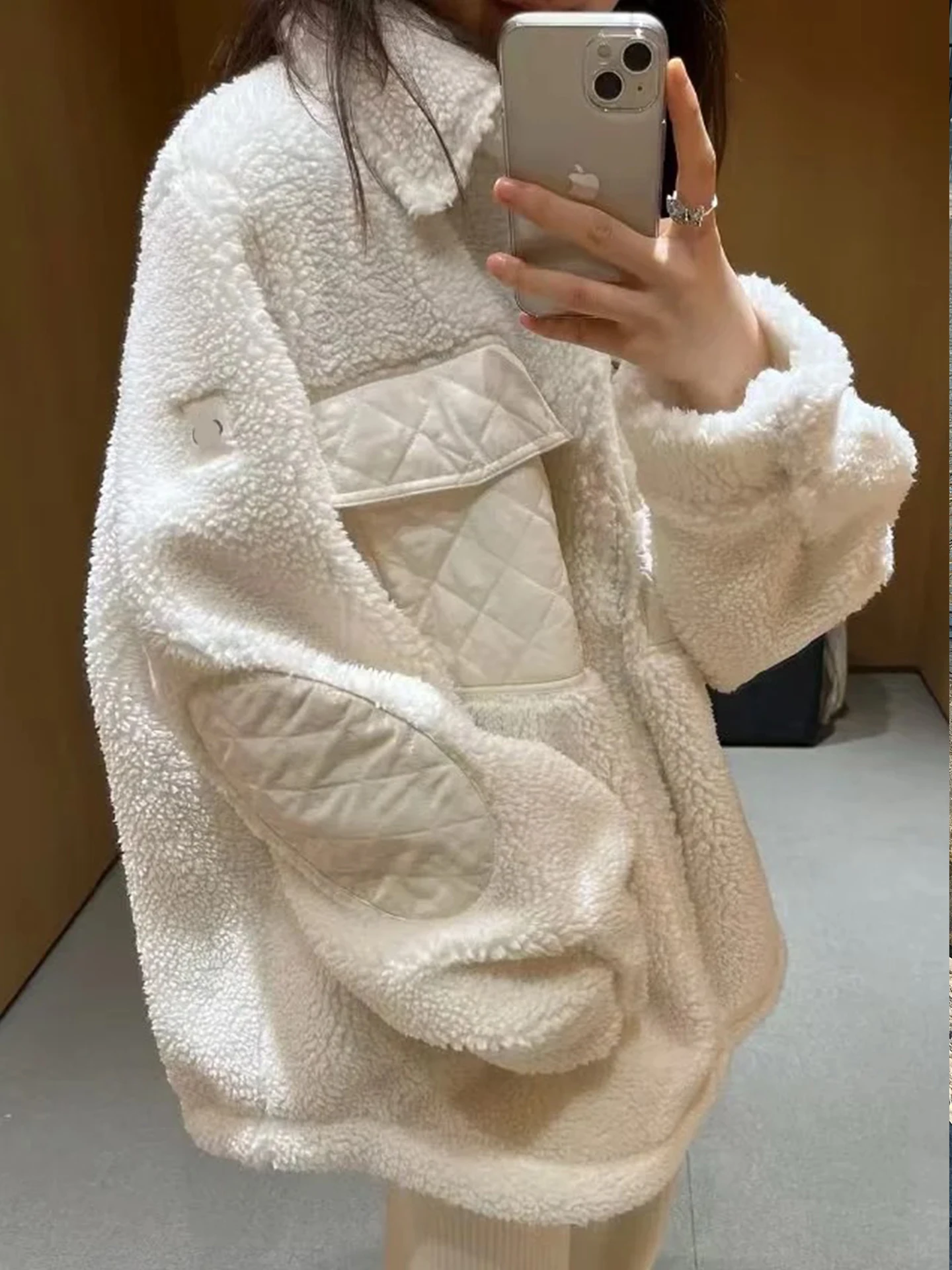 

MOSA Lamb Fur Jaet Loose Fit with kets Button Detail Diamond Pattern Women's Outerwear Commute Sle Long Sve Coat