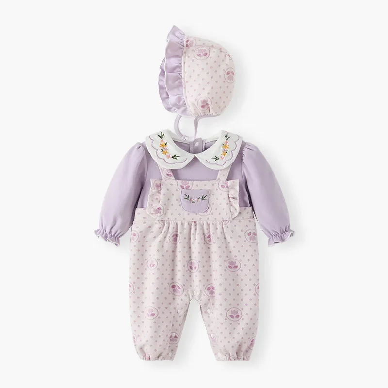 

2024Baby Girl Jumpsuit Light Purple Fleece-Lined Sweet Kids Bodysuits Clothes Embroidered Fake Two-Piece Clothing Autumn Costume