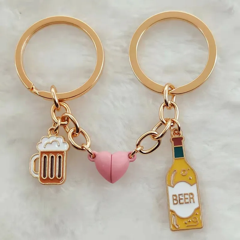 Enamel Keychain Beer Beer Mug Magnetic Button Keychain Ladies Men Bar Bag Accessories Car Keychain Couple Gift Jewelry