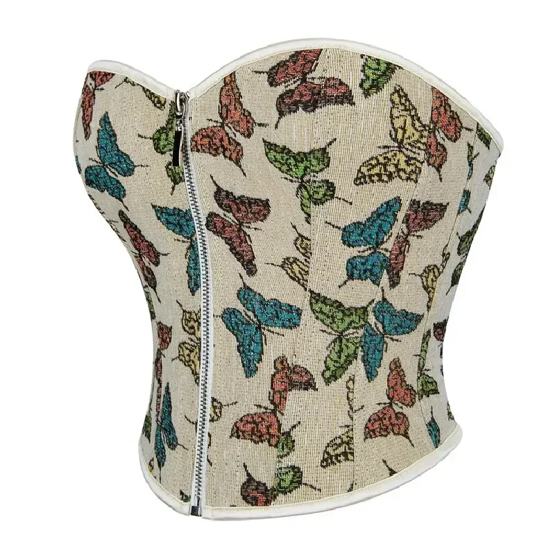 Women's Apricot Butterfly Print Pattern Crop Top Zipper Vintage Overbust Corsets Sexy Fashion Summer Lingerie Slimming Bustiers