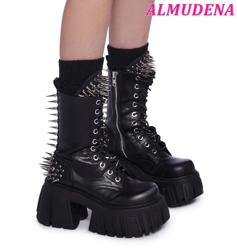 

Black Spike Platform Leather Boots Studded Cool Punk Chunky Heel Lace up High Heels Mid Calf Boots Big Size Lolita Design Shoes