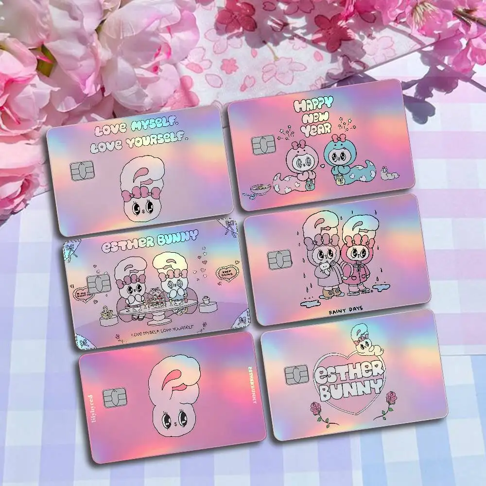 E-Esther Bunny Laser Card Skin Stickers 4pcs/Set Waterproof Anti-Scratch Bank Card Protector Decal For Credit Cards