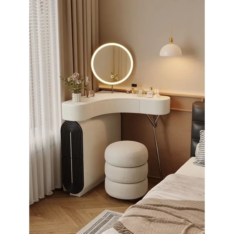 Modern Cream Style Solid Oak Wood Vanity Table with Mirror and Storage for Bedroom Small Space Wall Corner Makeup Table
