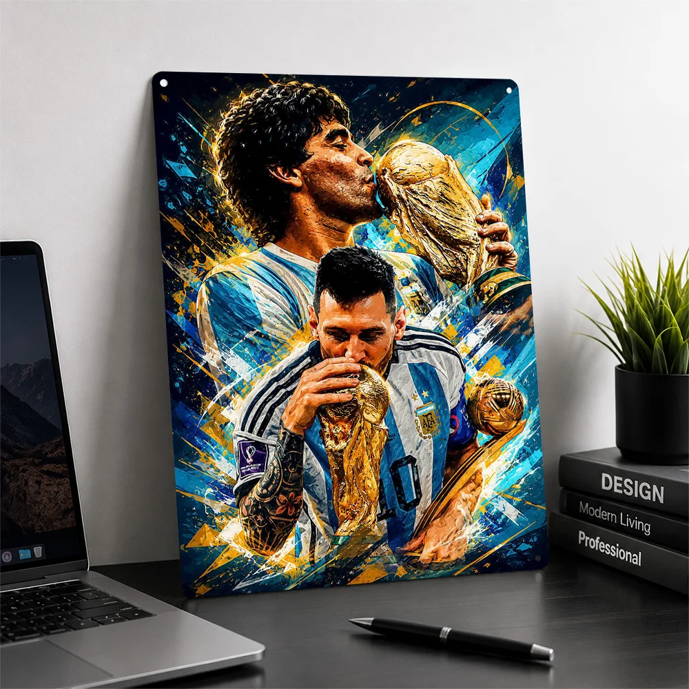 Maradona and Messi Kissing Trophies 3D Texture Metal Poster Customized Wall Art Tin Sign Gift for Mancave Bedroom Stuff Decor