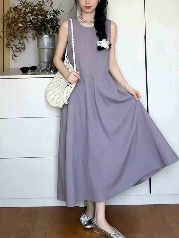 

Women's Sleeveless Vest Dress Summer Lightweight Maturity Unique Non-Repeating Long Skirt High Waist A-Line Casual Style