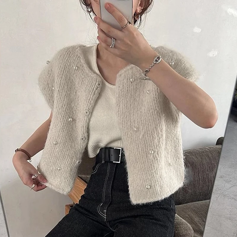 Chique outono inverno colete de malha pesado embelezado redondo ne solto outerwear feminino facionable commute sle sem marca