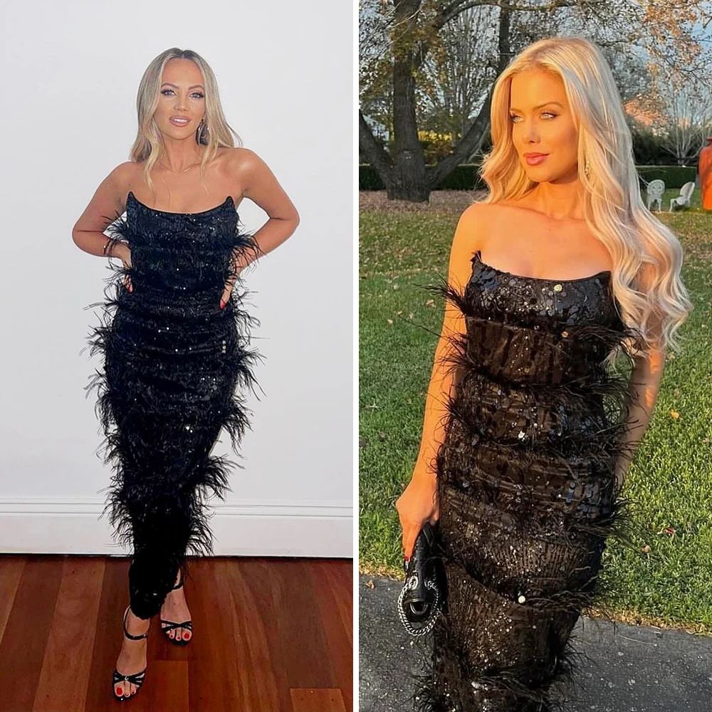 Sexy trägerloses, rückenfreies, mit Pailletten besetztes Midikleid für Abschlussball, ärmelloses Feder-Maxikleid, Cocktail-Geburtstags-Abend-Partykleid